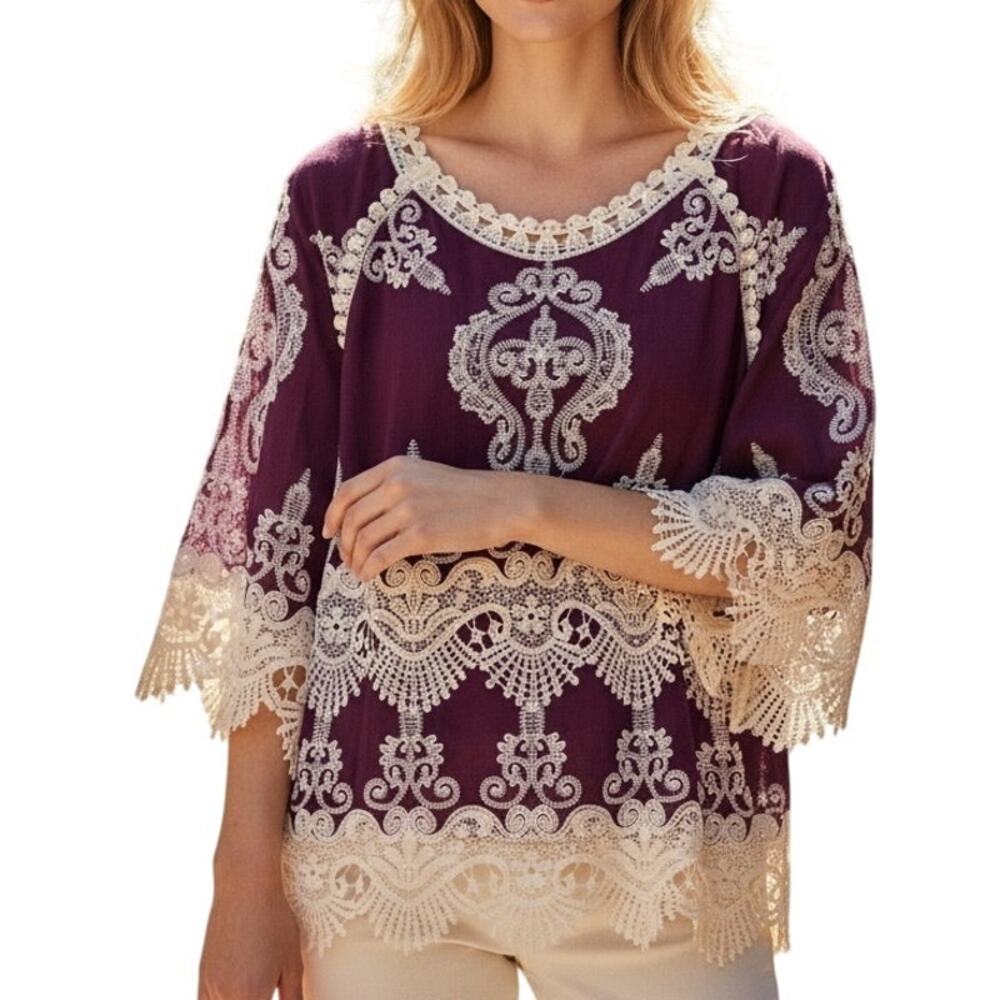 NorthStyle Lace Trimmed Rayon Top Womens Medium Berry Embroidered Scalloped Trim